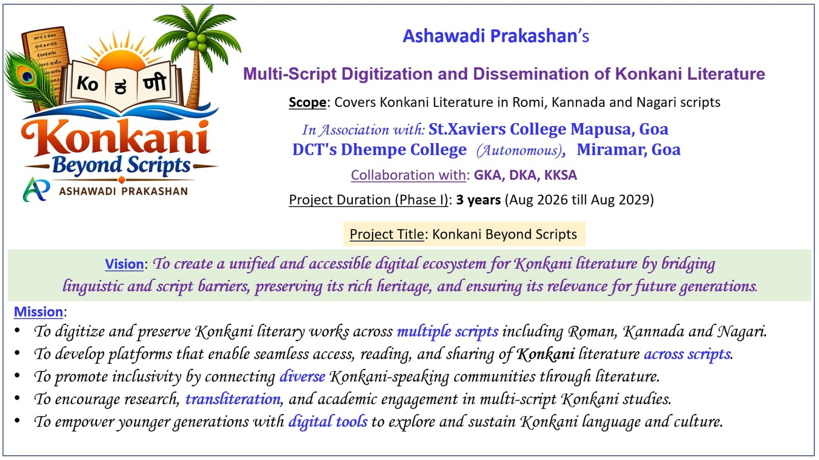 Konkani Beyond Scripts: the poster for Ashawadi Prakashan's mission to publish one literature across the Kannada, Nagari and Romi scripts.